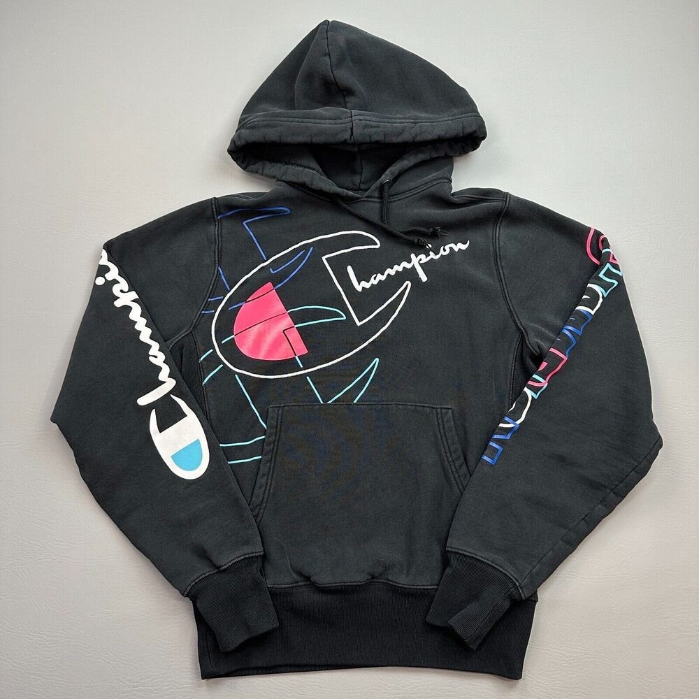Champion Reverse Weave Sweatshirt Mens Small Black Big Logo Spell Out Pullover